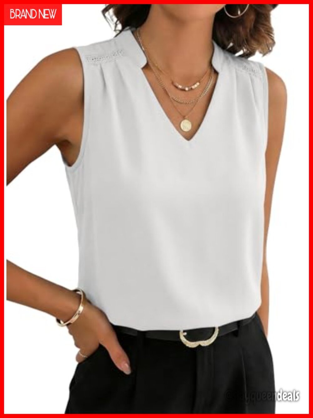 Womens Sleeveless V-Neck Lace Trim Blouse Business Casual Tank